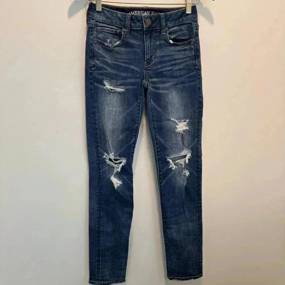 AEO American Eagle Distressed Super Stretch X Skinny Women‎ Jeans Size 0 Regular - Picture 1 of 12